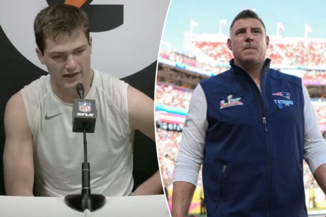 Drake Maye em uniforme dos Patriots com o número 10, olhando para baixo com desânimo.