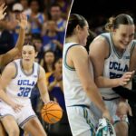 A atacante da UCLA, Angela Dugalic (32), dribla contra a atacante de Iowa, Hannah Stuelke.