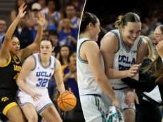 Dugalic brilha enquanto UCLA permanece imparável na vitória de 23 pontos sobre Iowa A atacante da UCLA, Angela Dugalic (32), dribla contra a atacante de Iowa, Hannah Stuelke.