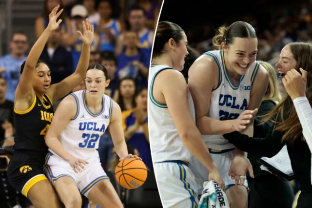 A atacante da UCLA, Angela Dugalic (32), dribla contra a atacante de Iowa, Hannah Stuelke.
