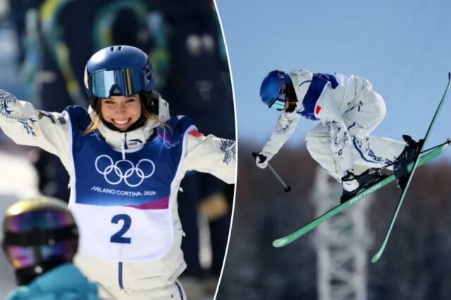 Eileen Gu comemora após vencer a final do Freeski Halfpipe Feminino nos Jogos Olímpicos de Inverno Milano Cortina 2026 em 22 de fevereiro de 2026.