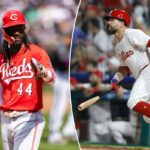 Elly De La Cruz (44), shortstop do Cincinnati Reds, reage na terceira base.