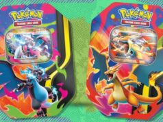Encomende as latas Pokémon TCG Mega Charizard Y e X pelo melhor preço de todos os tempos na Amazon – salve vs. O Pokémon TCG: Mega Charizard Y Tin em um fundo branco