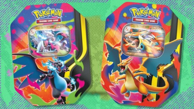 O Pokémon TCG: Mega Charizard Y Tin em um fundo branco