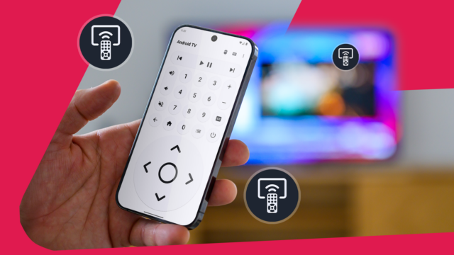 Encontrei o melhor aplicativo para controlar minha smart TV usando Uma pessoa usando um Galaxy Watch com o logotipo WowMouse na tela e uma TV desfocada ao fundo.