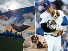 Enorme Shohei Ohtani, mural Decoy surge em Los Angeles Shohei Ohtani segurando seu cachorro, Decoy, em um campo de beisebol.