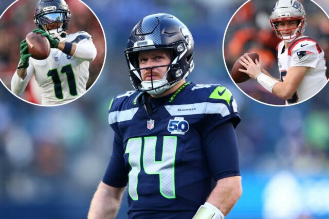 Drake Maye, nº 10 do New England Patriots, se aquece antes do jogo dos playoffs do Campeonato AFC contra o Denver Broncos.