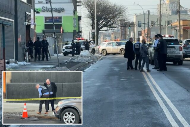 Espectador inocente, 23, baleado em bairro movimentado de Nova York Policiais investigam uma cena de crime onde uma mulher foi baleada na perna.