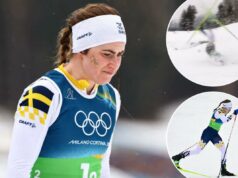 Esquiador sueco forçado a correr com um esqui após desastroso acidente olímpico que custou medalha de ouro Esquiador sueco forçado a correr com um esqui após desastroso acidente olímpico que custou medalha de ouro