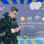 Um gráfico do clima de inverno mostrando -8°C (17,6°F) ao lado de uma mulher com um casaco pesado olhando para o telefone em um ambiente com neve.