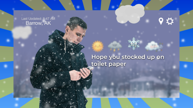 Um gráfico do clima de inverno mostrando -8°C (17,6°F) ao lado de uma mulher com um casaco pesado olhando para o telefone em um ambiente com neve.