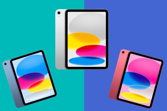 Um iPad na cor prata mostrado na parte traseira e lateral.