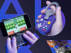 Este minúsculo controle de US $ 49 reacendeu meu amor por jogos aconchegantes para telefone Um smartphone emulando um console portátil retrô, contra um fundo neon em estilo retrô.