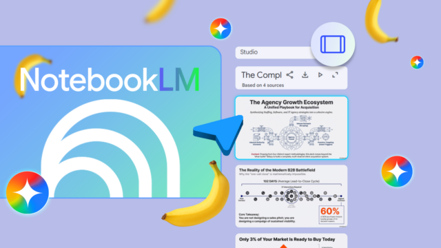 A interface NotebookLM em um MacBook, com elementos flutuantes que mostram notas, resumos e recursos de visão geral de áudio, em um espaço de trabalho moderno.