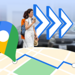 Fixo do Google Maps em um fundo de mapa exibindo congestionamentos de trânsito e um ícone de engrenagem de configurações.