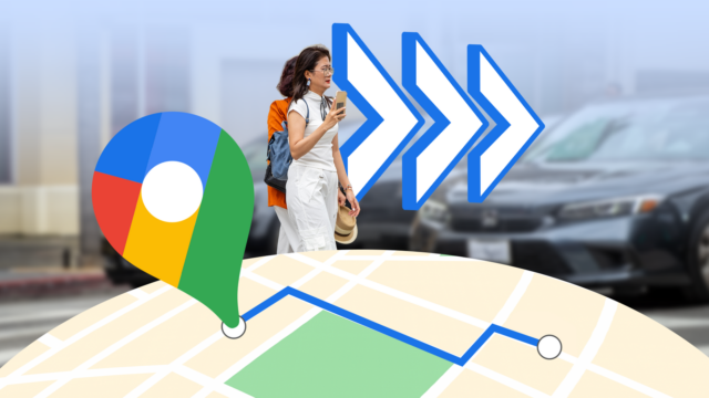 Fixo do Google Maps em um fundo de mapa exibindo congestionamentos de trânsito e um ícone de engrenagem de configurações.