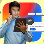 Ícone do Mensagens do Google no centro, cercado por símbolos para bate-papos fixados, mensagens marcadas com estrela e envio agendado, com uma pessoa segurando um smartphone na parte inferior.