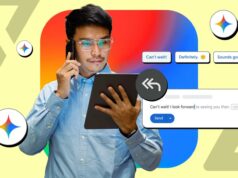 Estou deixando o Android 16 escrever minhas respostas de ‘ocupado’ e ninguém percebeu ainda Ícone do Mensagens do Google no centro, cercado por símbolos para bate-papos fixados, mensagens marcadas com estrela e envio agendado, com uma pessoa segurando um smartphone na parte inferior.