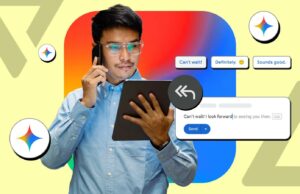 Estou deixando o Android 16 escrever minhas respostas de ‘ocupado’ e ninguém percebeu ainda Ícone do Mensagens do Google no centro, cercado por símbolos para bate-papos fixados, mensagens marcadas com estrela e envio agendado, com uma pessoa segurando um smartphone na parte inferior.