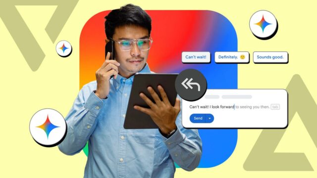 Ícone do Mensagens do Google no centro, cercado por símbolos para bate-papos fixados, mensagens marcadas com estrela e envio agendado, com uma pessoa segurando um smartphone na parte inferior.