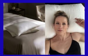 Eu odeio mudanças, mas esse novo travesseiro de seda me conquistou com meu sono mais profundo Colagem de uma fronha de seda branca sobre uma cama e uma mão inserindo um travesseiro em uma fronha de seda branca.