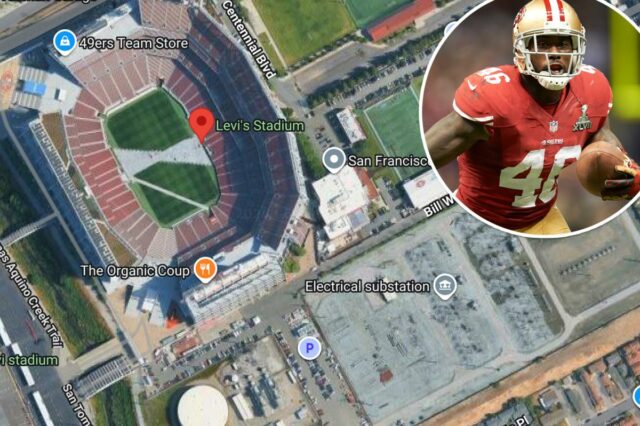 Mapa de satélite mostrando o Levi's Stadium, o centro de treinamento do San Francisco 49ers e uma subestação elétrica.