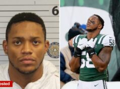 Ex-escolhido do primeiro turno dos Jets, Darron Lee, acusado de assassinato de namorada Darron Lee, nº 58 do New York Jets, reage fora do campo no quarto período, quando os Bills derrotam os Jets por 41 a 10 em um jogo de futebol americano da NFL no MetLife Stadium, em 11 de novembro de 2018.