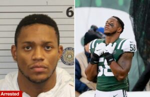 Ex-escolhido do primeiro turno dos Jets, Darron Lee, acusado de assassinato de namorada Darron Lee, nº 58 do New York Jets, reage fora do campo no quarto período, quando os Bills derrotam os Jets por 41 a 10 em um jogo de futebol americano da NFL no MetLife Stadium, em 11 de novembro de 2018.