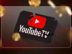Finalmente estou economizando dinheiro no YouTube TV, mas estou de volta ao ponto de partida Logotipo do YouTube TV com uma coroa e uma tesoura cortando um cabo coaxial, com logotipos desfocados de Max, Paramount+, Starz e Sundance Now ao fundo