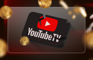 Finalmente estou economizando dinheiro no YouTube TV, mas estou de volta ao ponto de partida Logotipo do YouTube TV com uma coroa e uma tesoura cortando um cabo coaxial, com logotipos desfocados de Max, Paramount+, Starz e Sundance Now ao fundo