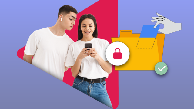 Homem confuso segurando um telefone cercado por ícones do Google Fotos e uma barra de pesquisa com alertas de erro.