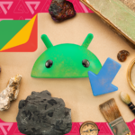 Cabeça do mascote do Android cercada por ferramentas de limpeza 3D flutuantes, incluindo vassoura, esponja e frascos de spray.