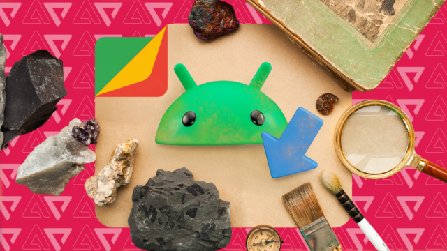 Cabeça do mascote do Android cercada por ferramentas de limpeza 3D flutuantes, incluindo vassoura, esponja e frascos de spray.