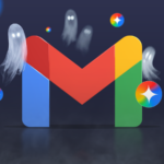 Ilustração de uma mão robótica segurando o logotipo do Gmail, cercada por brilhos do Google Gemini e aviões de papel voando.