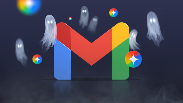 Ilustração de uma mão robótica segurando o logotipo do Gmail, cercada por brilhos do Google Gemini e aviões de papel voando.
