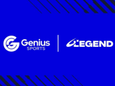 Genius Sports pretende comprar a marca de mídia de jogos de azar Legend por US$ 1,2 bilhão Genius Sports pretende comprar a marca de mídia de jogos de azar Legend por US$ 1,2 bilhão. Gráfico azul com o logotipo da Genius Sports à esquerda e o logotipo da Legend à direita, separados por uma linha vertical, sugerindo anúncio de parceria ou aquisição.