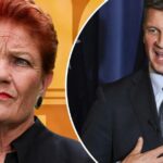 Angus Taylor e Jane Hume em conferência de imprensa