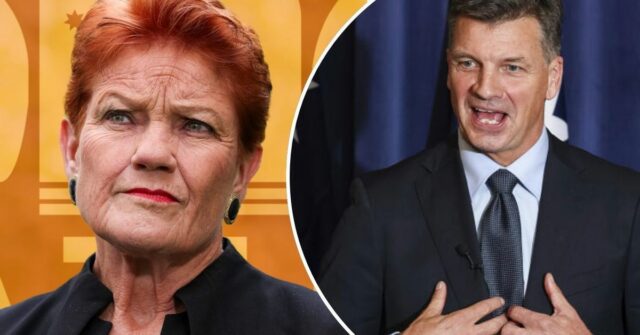 Angus Taylor e Jane Hume em conferência de imprensa