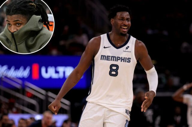 Jaren Jackson Jr. do Memphis Grizzlies reagindo após uma cesta.