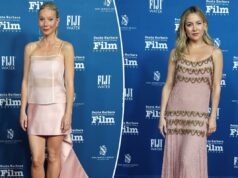 Gwyneth Paltrow e Kate Hudson ficam lindas de rosa no festival de cinema de Santa Bárbara Gwyneth Paltrow e Kate Hudson no 41º Festival Internacional Anual de Cinema de Santa Bárbara.