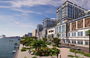 Hard Rock International revela planos para hotel e cassino em San Juan, primeiro em Porto Rico Hard Rock em renderização de San Juan, prédio de frente para a água com um caminho e vegetação entre eles. Hard Rock International revela planos para hotel e cassino em San Juan, primeiro em Porto Rico