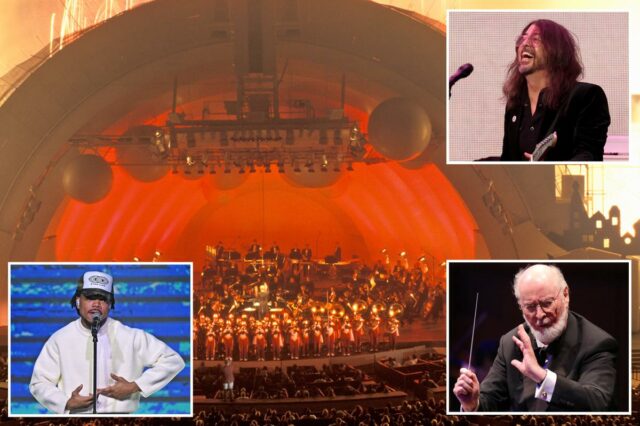 Fogos de artifício explodem no Hollywood Bowl durante uma apresentação orquestral da abertura de 1812.