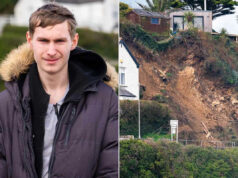 Homem, 20 anos, diz que escapou da morte ‘por centímetros’ depois que Cliff desabou repentinamente enquanto caminhava A seção do penhasco que desabou em Newquay, onde Kieron English escapou por pouco. William Dax/SWNS