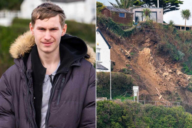 A seção do penhasco que desabou em Newquay, onde Kieron English escapou por pouco. William Dax/SWNS