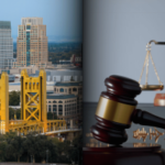 Homem condenado a 301 anos de prisão perpétua por roubo de jogo em Sacramento. Imagem composta do horizonte de Sacramento com a Tower Bridge ao lado do martelo de um juiz e da balança da justiça, simbolizando a sentença do tribunal.