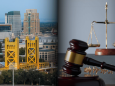 Homem condenado a 301 anos de prisão perpétua por roubo de jogo em Sacramento Homem condenado a 301 anos de prisão perpétua por roubo de jogo em Sacramento. Imagem composta do horizonte de Sacramento com a Tower Bridge ao lado do martelo de um juiz e da balança da justiça, simbolizando a sentença do tribunal.