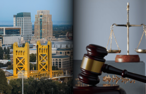 Homem condenado a 301 anos de prisão perpétua por roubo de jogo em Sacramento Homem condenado a 301 anos de prisão perpétua por roubo de jogo em Sacramento. Imagem composta do horizonte de Sacramento com a Tower Bridge ao lado do martelo de um juiz e da balança da justiça, simbolizando a sentença do tribunal.