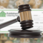 Homem jamaicano enfrenta acusações federais em caso de fraude em sorteios de idosos em Connecticut. O martelo de um juiz apoiado em um bloco de som, com um cheque borrado ao fundo, simbolizando uma investigação federal de fraude e sorteios.