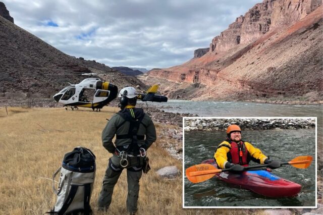 Homem morre enquanto fazia rafting no Rio Colorado pelo Parque Uma equipe de resgate e um helicóptero na margem do Rio Colorado, no Parque Nacional do Grand Canyon.
