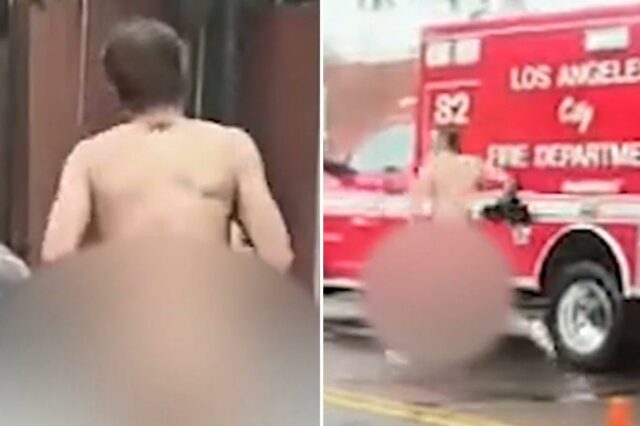Homem nu 'drogado' foge do local do acidente em vídeo Um homem nu e desfocado passando por um caminhão vermelho do Corpo de Bombeiros da cidade de Los Angeles em uma cena de acidente em East Hollywood.